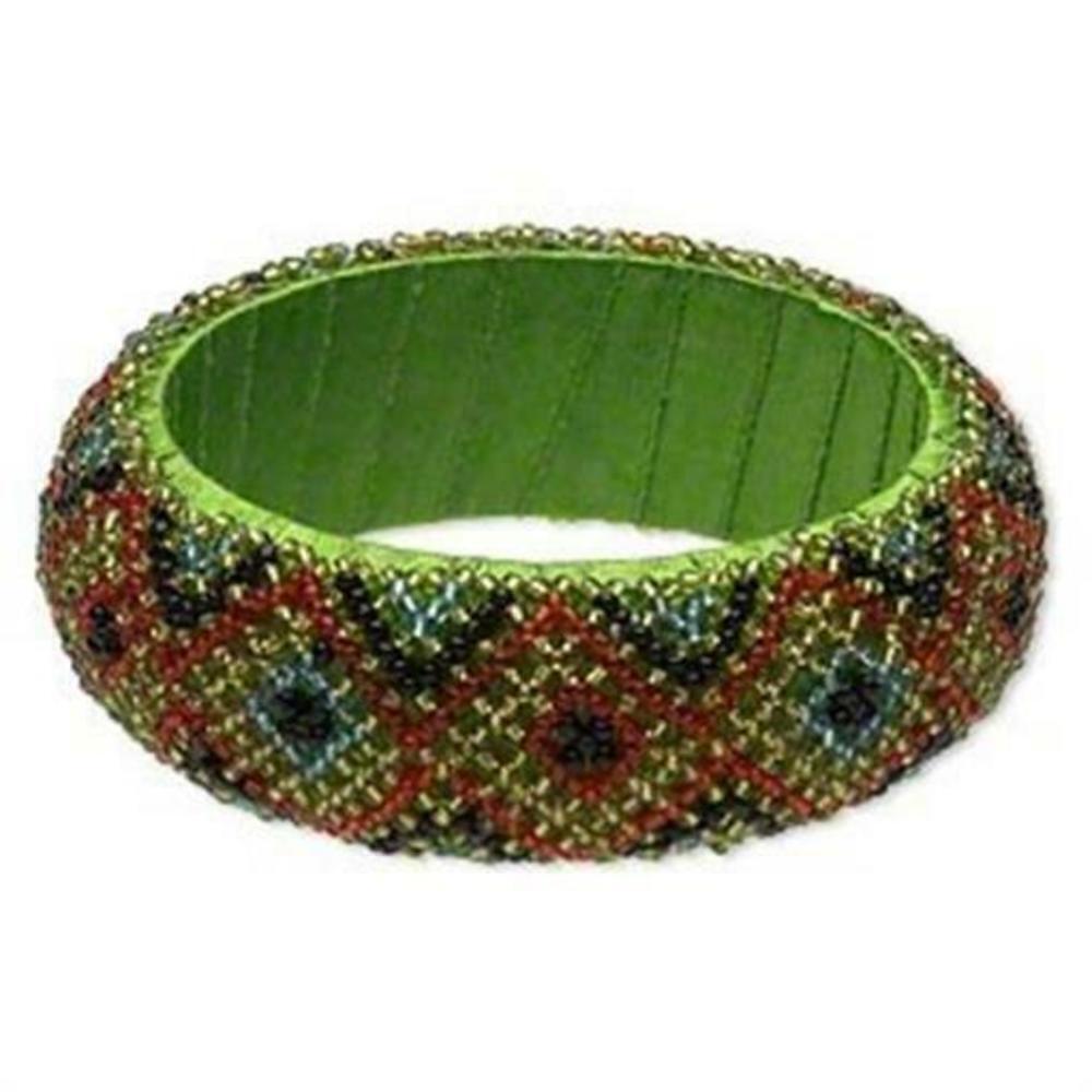 Handcrafted India Beaded Bangle Bracelet Green Multi Color Pattern Fair Trade